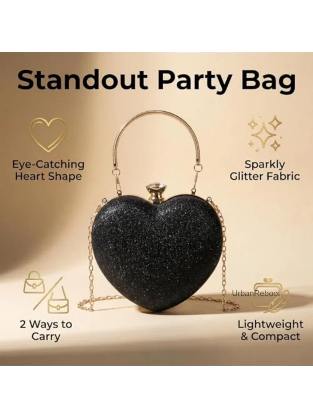 Glitter Heart Shape Clutch Mini Crossbody Bag with Chain Strap